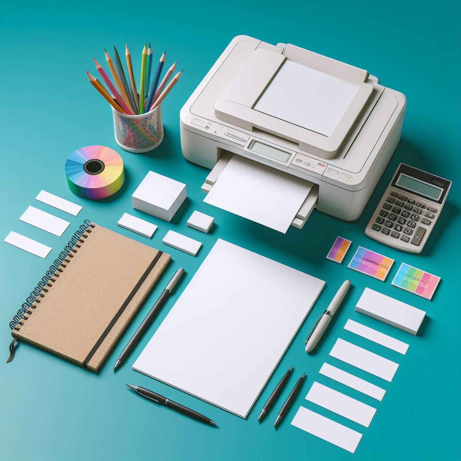 A visually pretty set up of different items: a printer, paper, pens, colourful sticky notes, a calulator and a box of colouring pencils